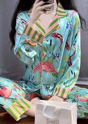 Fashion Blue Striped Print Button Ice Silk Pajamas Two Pieces Set Spring