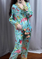 Fashion Blue Striped Print Button Ice Silk Pajamas Two Pieces Set Spring