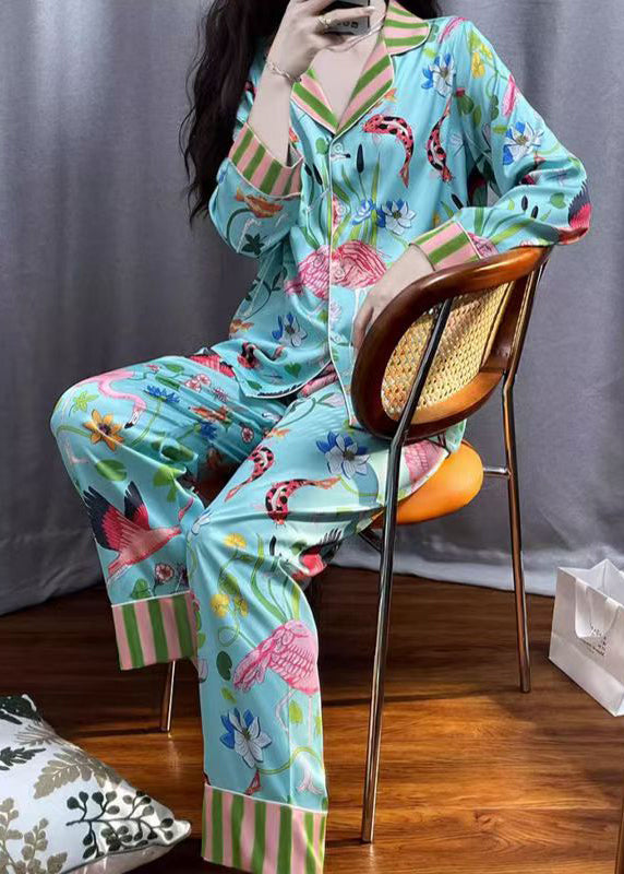 Fashion Blue Striped Print Button Ice Silk Pajamas Two Pieces Set Spring