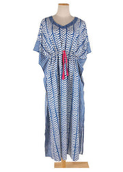 Fashion Blue Striped Print Drawstring Long Holiday Dress Summer