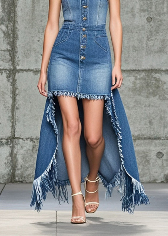 Fashion Blue Tasseled Low High Design Denim Sundress Summer