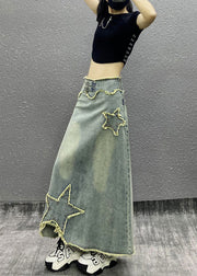 Fashion Blue Tasseled Nail Bead High Waist Denim Skirts Spring