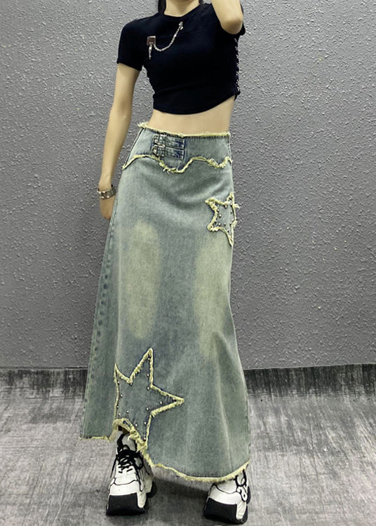 Fashion Blue Tasseled Nail Bead High Waist Denim Skirts Fall