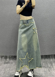 Fashion Blue Tasseled Nail Bead High Waist Denim Skirts Fall