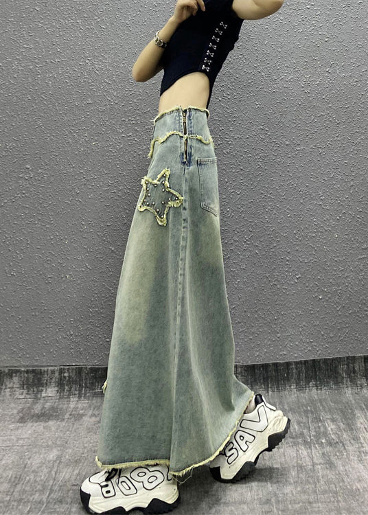 Fashion Blue Tasseled Nail Bead High Waist Denim Skirts Fall