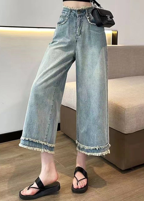 Fashion Blue Tasseled Pockets Denim Wide Leg Pants Spring