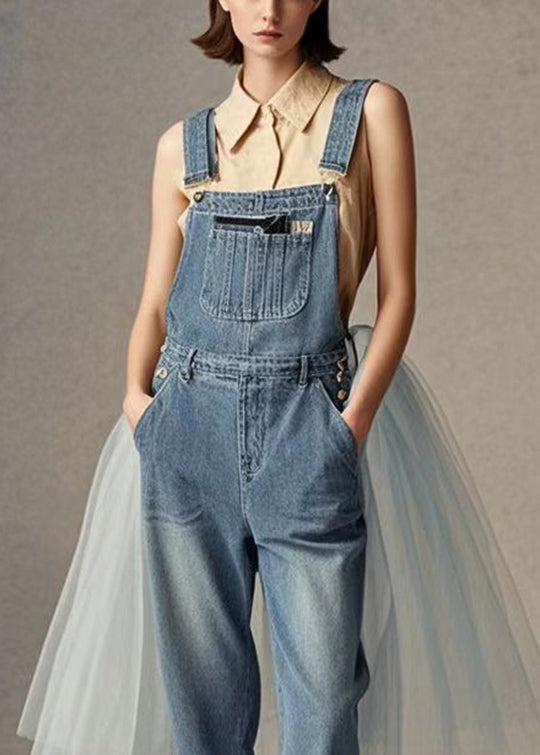 Fashion Blue Tulle Patchwork Denim Jumpsuit Spring