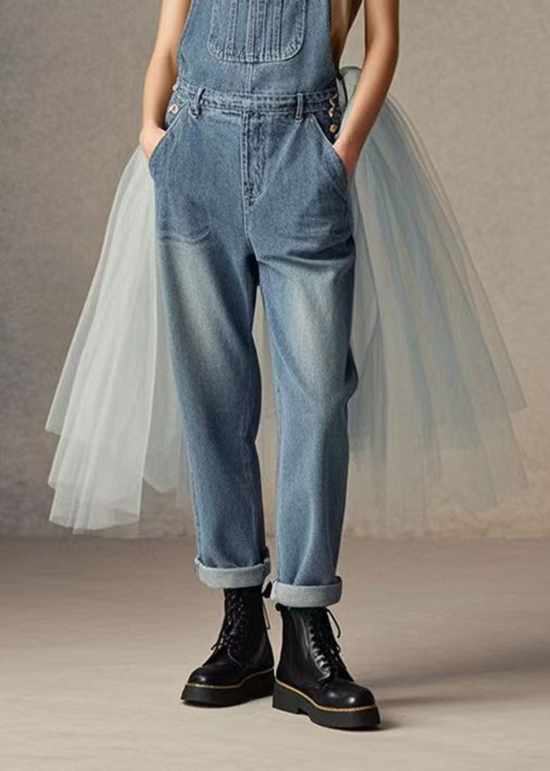 Fashion Blue Tulle Patchwork Denim Jumpsuit Spring