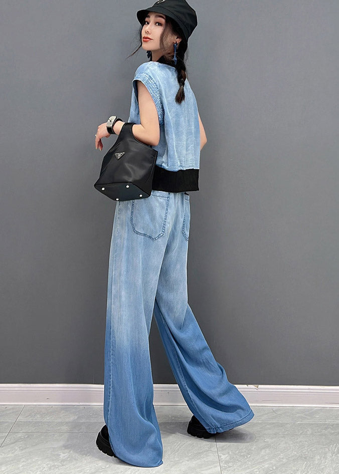 Fashion Blue Up V Neck Zip Coats And Long Pants Two Piece Set Summer