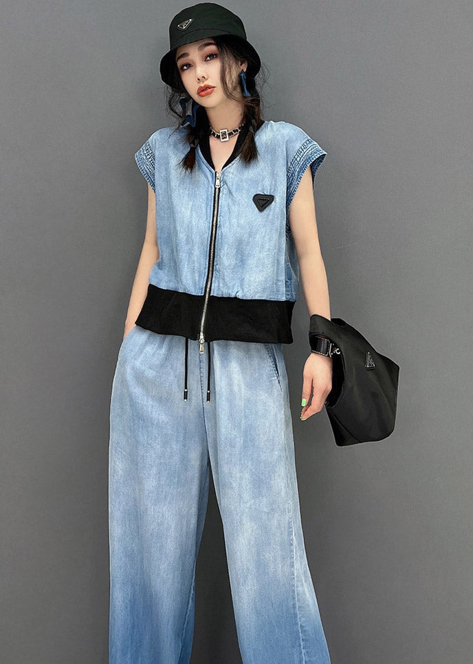 Fashion Blue Up V Neck Zip Coats And Long Pants Two Piece Set Summer