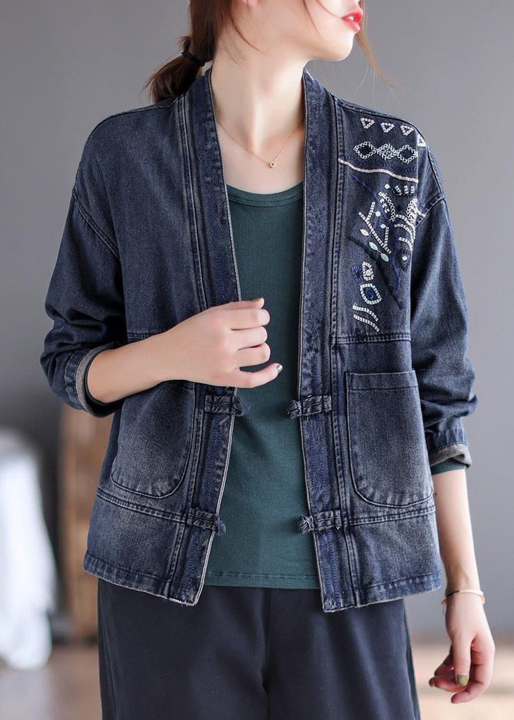 Fashion Blue V Neck Embroideried Patchwork Button Pockets Cotton Denim Coat Long Sleeve