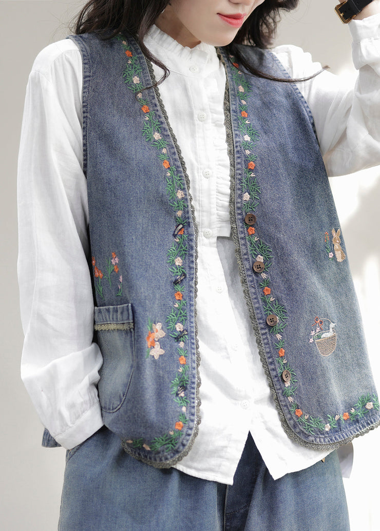 Fashion Blue V Neck Embroidered Patchwork Denim Waistcoat Sleeveless