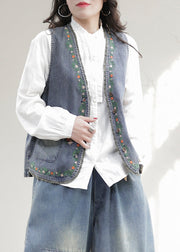 Fashion Blue V Neck Embroidered Patchwork Denim Waistcoat Sleeveless