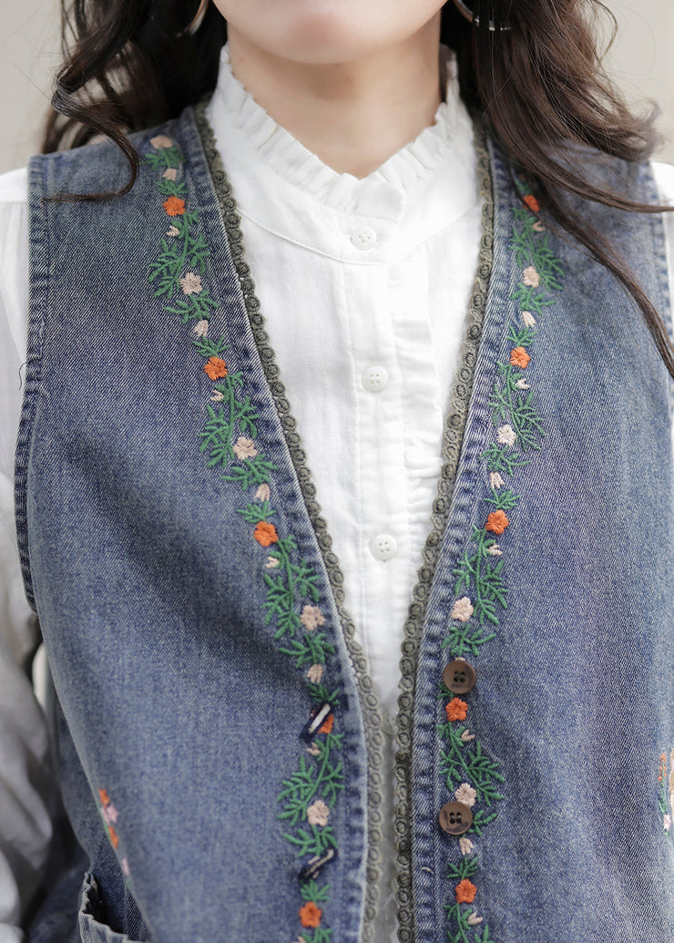 Fashion Blue V Neck Embroidered Patchwork Denim Waistcoat Sleeveless