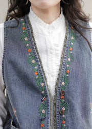 Fashion Blue V Neck Embroideried Patchwork Denim Waistcoat Sleeveless