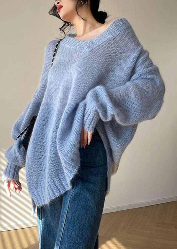 Fashion Blue V Neck Hollow Out Cozy Knit Sweater Tops Spring