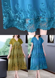 Fashion Blue V Neck Patchwork Tulle Silk Dresses Summer