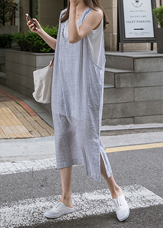 Fashion Blue V Neck Side Open Striped Cotton Beach Dress Summer