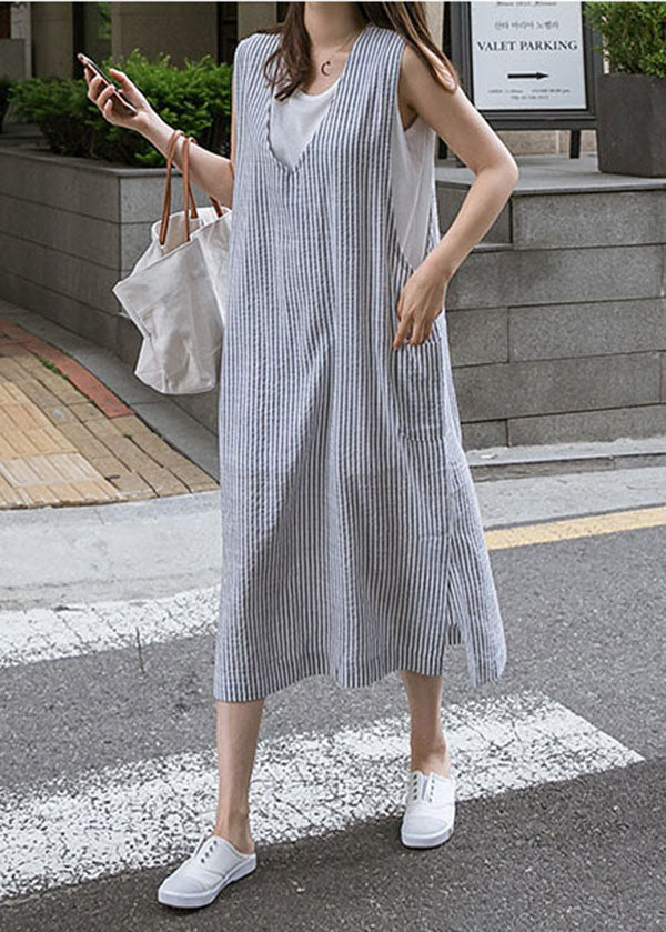 Fashion Blue V Neck Side Open Striped Cotton Beach Dress Summer