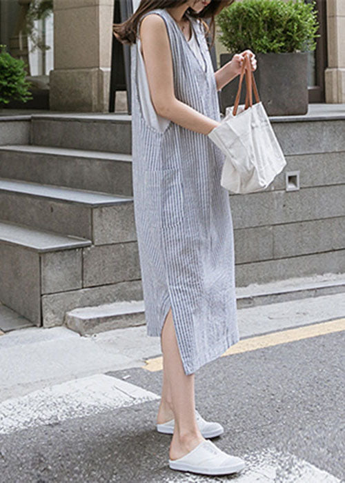 Fashion Blue V Neck Side Open Striped Cotton Beach Dress Summer