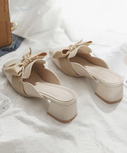 Fashion Bow Splicing Chunky Heel Beige Faux Leather