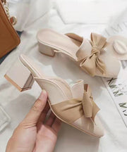 Fashion Bow Splicing Chunky Heel Beige Faux Leather