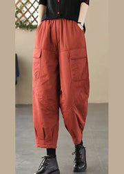 Fashion Brick Red Elastic Waist Pockets Fine Cotton Filled Pants Winter