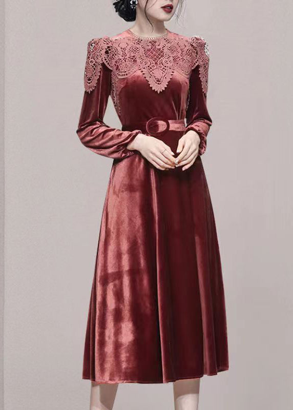 Fashion Brick Red Lace Tunic Patchwork Velour Long Dresses Fall