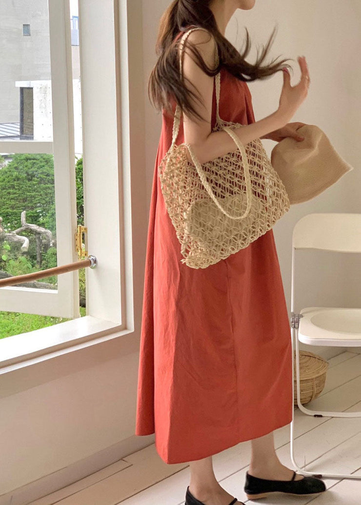 Fashion Brick Red O-Neck Oversized Cotton Beach Dress Sleeveless