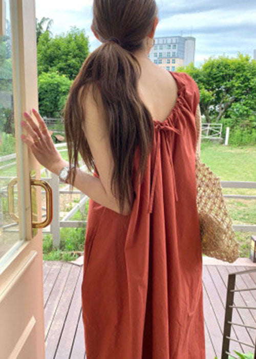 Fashion Brick Red O-Neck Oversized Cotton Beach Dress Sleeveless