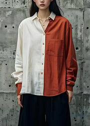 Fashion Brick Red Peter Pan Collar Patchwork Shirts Long Sleeve