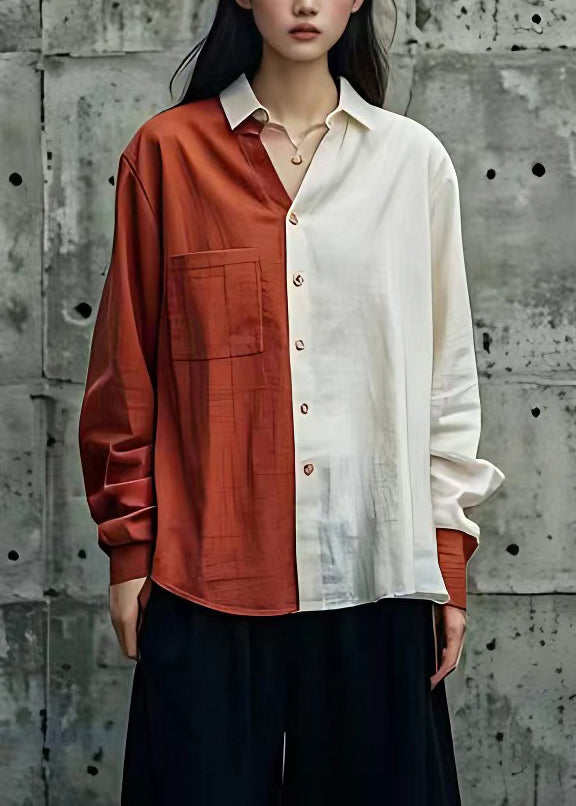 Fashion Brick Red Peter Pan Collar Patchwork Shirts Long Sleeve