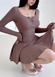 Fashion Brown Button Wrinkled Knit Mid Dress Spring