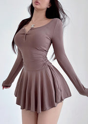 Fashion Brown Button Wrinkled Knit Mid Dress Spring