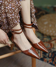 Fashion Brown Cowhide Leather Walking Sandals Pointed Toe Buckle Strap