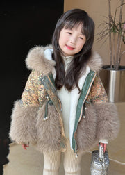 Fashion Brown Fur Collar Sequins Patchwork Kids Hoodies Leather And Fur Coats Winter