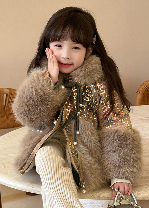 Fashion Brown Fur Collar Sequins Patchwork Kids Hoodies Leather And Fur Coats Winter