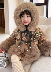 Fashion Brown Fur Collar Sequins Patchwork Kids Hoodies Leather And Fur Coats Winter