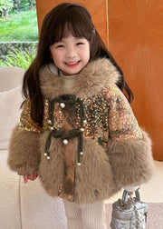 Fashion Brown Fur Collar Sequins Patchwork Kids Hoodies Leather And Fur Coats Winter