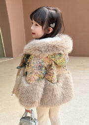 Fashion Brown Fur Collar Sequins Patchwork Kids Hoodies Leather And Fur Coats Winter