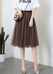 Fashion Brown High Waist Exra Large Hem Tulle Pleated Skirt Spring