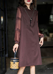 Fashion Brown Ruffled Patchwork Cotton Long Dress Spring