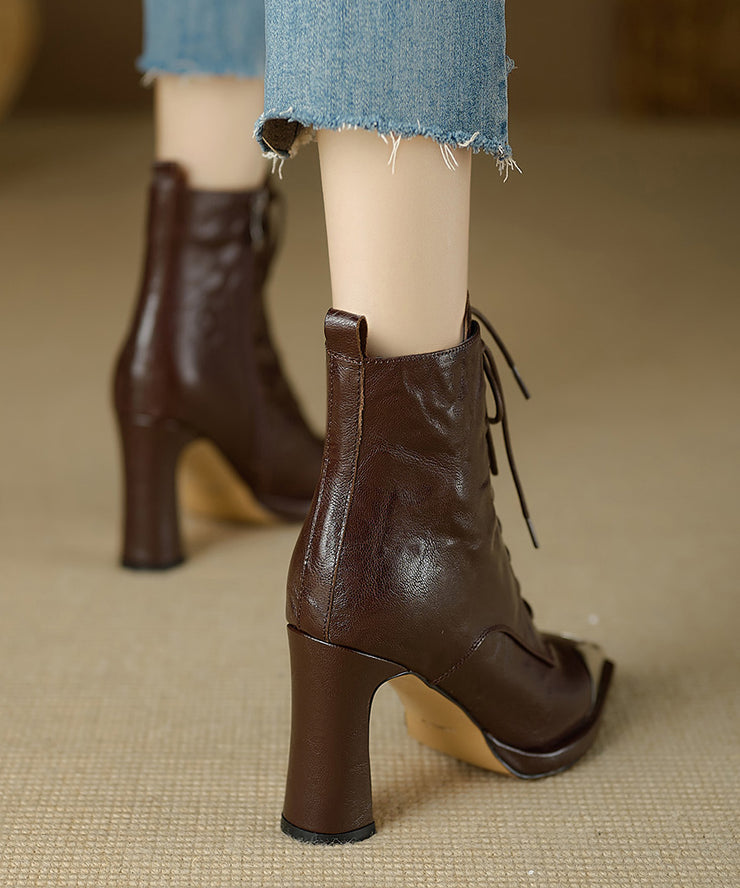 Fashion Brown Sheepskin Splicing Chunky Heel Boots Cross Strap