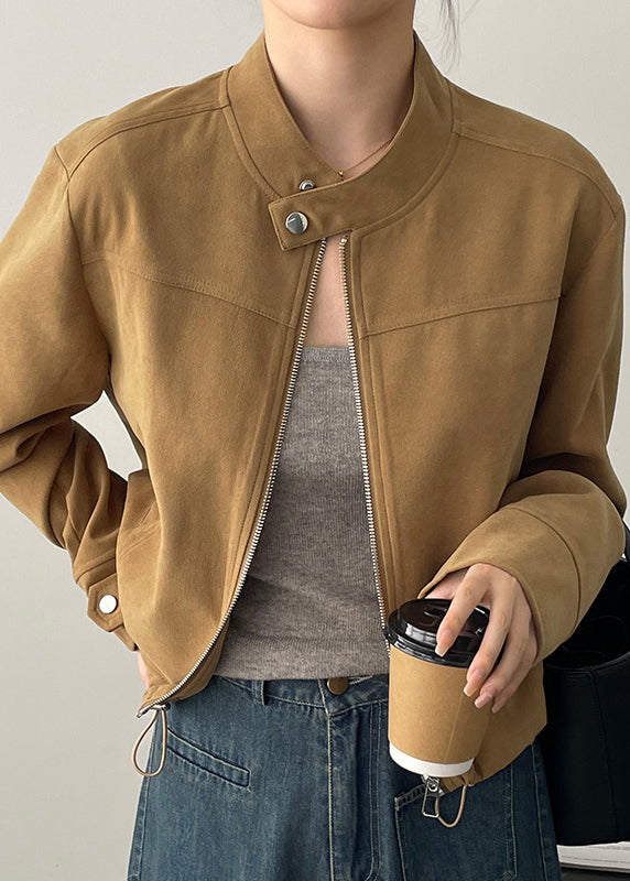 Fashion Brown Stand Collar Zippered Faux Suede Coats Spring