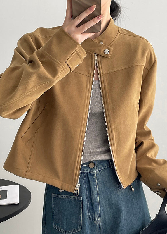 Fashion Brown Stand Collar Zippered Faux Suede Coats Spring