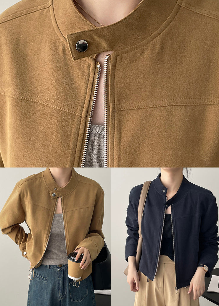 Fashion Brown Stand Collar Zippered Faux Suede Coats Spring