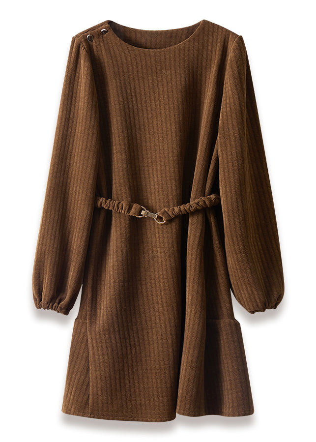 Fashion Brown Thick Cotton Tunic Dress Spring