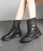 Fashion Buckle Strap Zippered Splicing Platform Boots Black Cowhide Leather