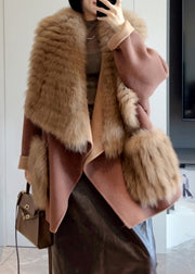 Fashion Camel Fur Collar Patchwork Long Woolen Coats Spring