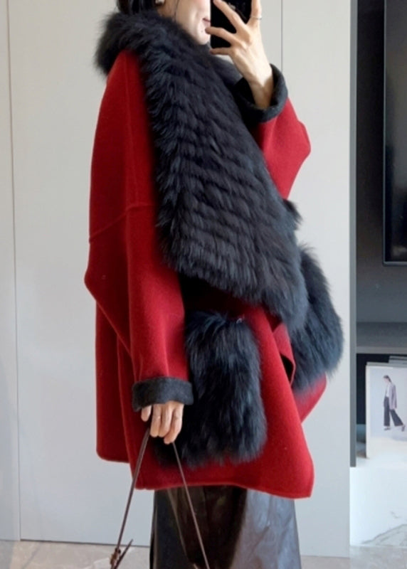 Fashion Camel Fur Collar Patchwork Long Woolen Coats Spring